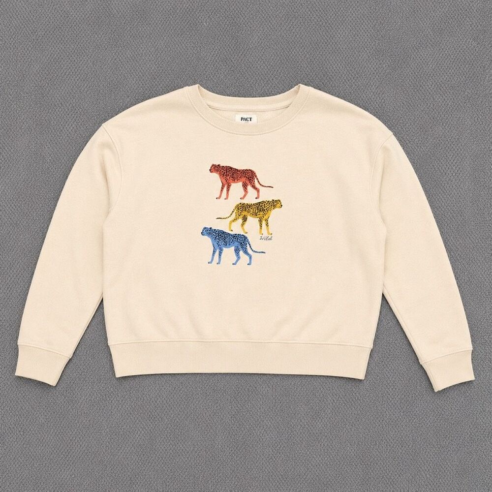 Pact Women’s Small Cream Big Cat Graphic Crewneck Sweatshirt Leopard Tiger Small